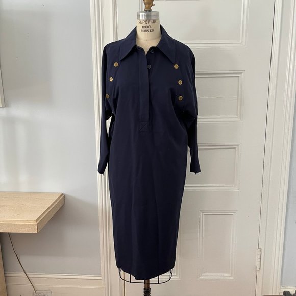 Vintage 1990s Karl Lagerfeld Collection Navy Wool Midi Shirtdress Women Size 42 - Picture 8 of 14